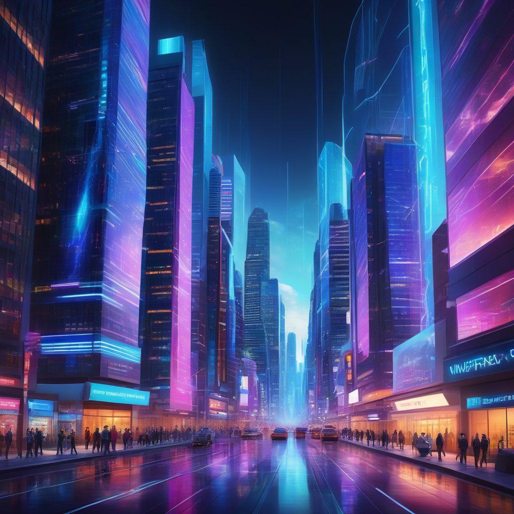 A futuristic cityscape symbolizing the digital evolution of insurance, with glowing data streams navigating through interconnected buildings. Include diverse characters using digital devices, showcasing accessibility and innovation in their insurance journey. Emphasize a high-tech ambiance with bright neon colors, dynamic visuals, and a clear blue sky. super-realistic. vibrant colors. 3D.