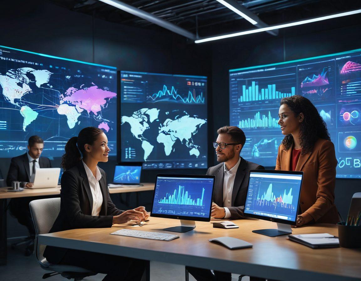 A futuristic office scene showcasing diverse insurance professionals collaborating around digital devices, with holographic charts and graphs displaying data analytics. Emphasize innovation and empowerment with bright, technological aesthetics, and an uplifting atmosphere. Include elements representing modern technology, such as VR headsets and AI software. super-realistic. vibrant colors. 3D.