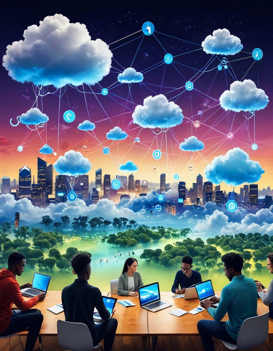 A modern digital landscape featuring a diverse group of people using various devices to explore online insurance options. In the background, there are floating holographic icons symbolizing protection, security, and trust. The scene should be vibrant and visually engaging, depicting a blend of technology and assurance. Include elements like clouds and digital pathways to suggest navigation through the digital world. super-realistic. vibrant colors. 3D.